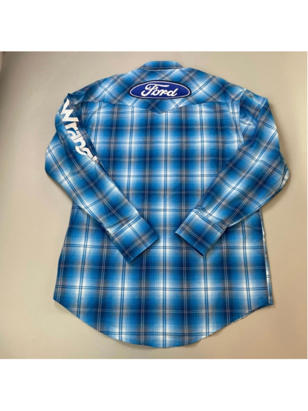 Wrangler Ford Shirt Mens Medium Blue Plaid SpellOut Cowboy Rodeo Pearl Snap Mint